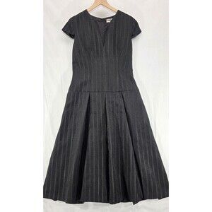 Amanda Wakeley Pleated Drop Waist Midi Dress Black Pinstriped Quiet Luxury NWT
